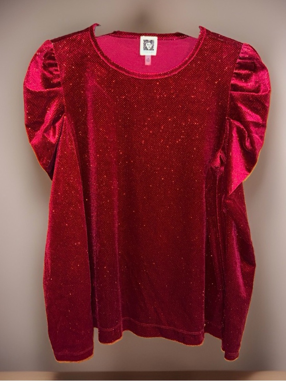 Anne Klein Women’s Textured Red Velvet Sparkle Puff-Sleeve Top-M-EC